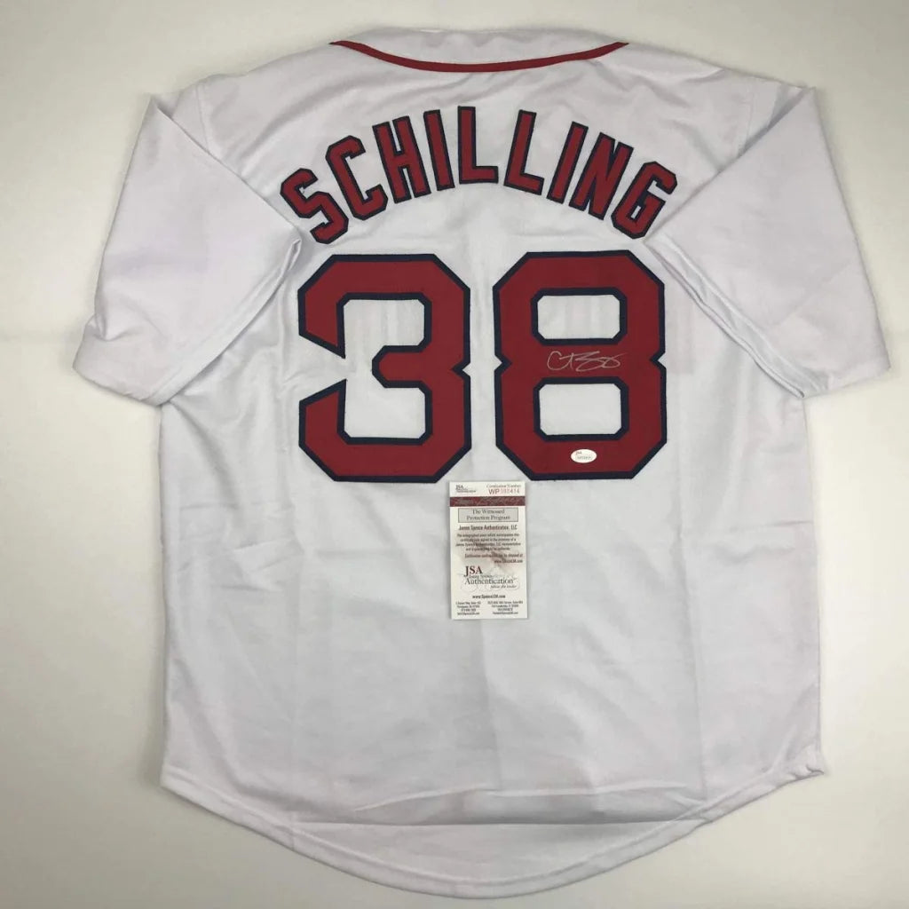 Autographed Curt Schilling Boston White Baseball Jersey JSA COA | Hall of Fame Sports Memorabilia | vintageantiquesgifts.com