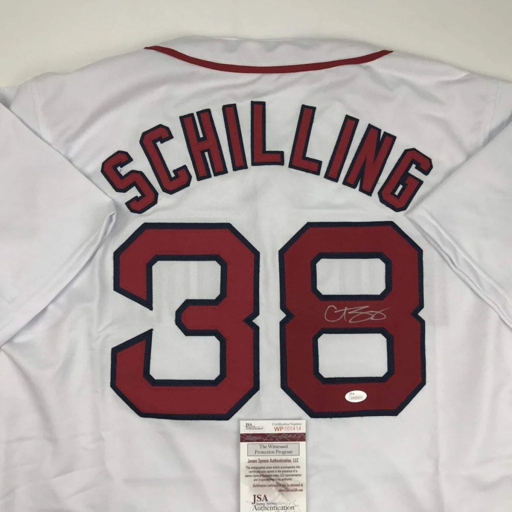 White custom jersey with SCHILLING 38 autograph from professional sports league stars