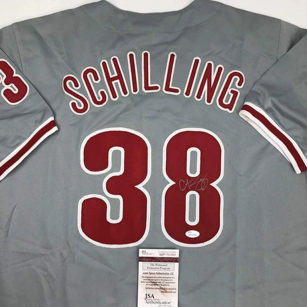 Autographed Curt Schilling gray custom jersey with number 38, JSA COA
