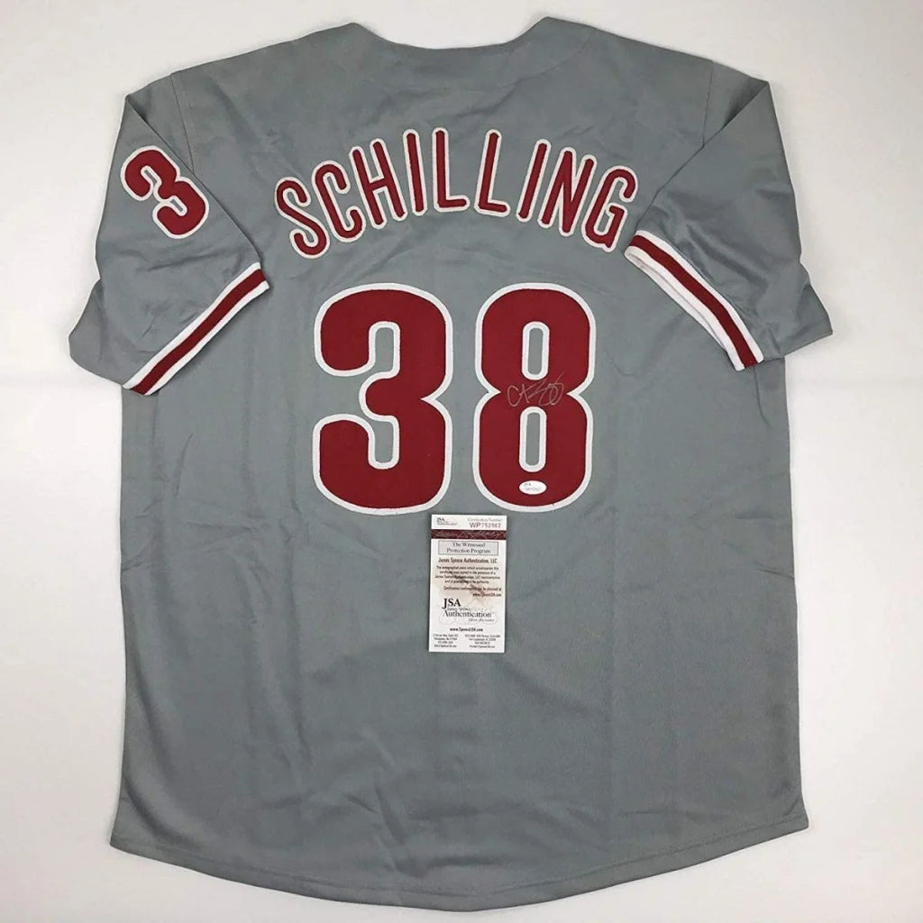 Autographed Curt Schilling gray custom jersey with number 38, JSA COA