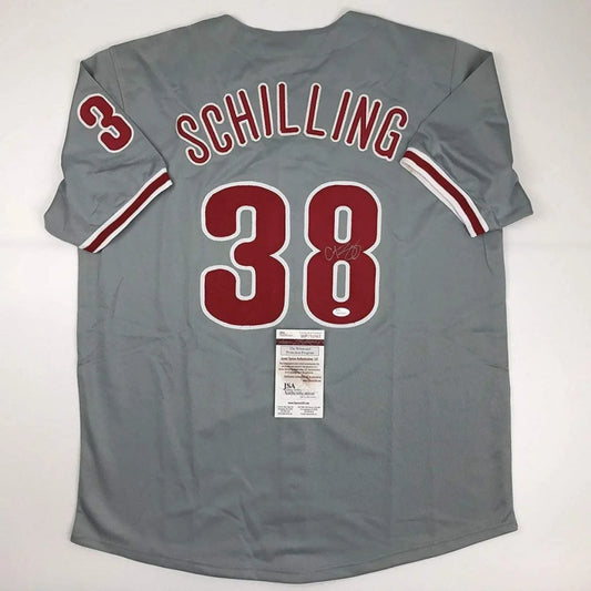 Autographed Curt Schilling gray custom jersey with number 38, JSA COA