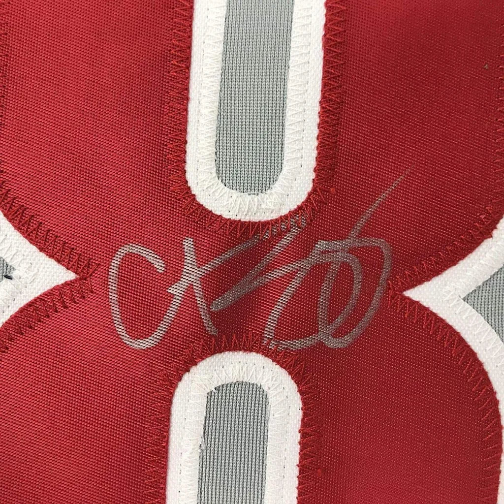 Red athletic jersey with gray numbers and autograph from Curt Schilling Philadelphia