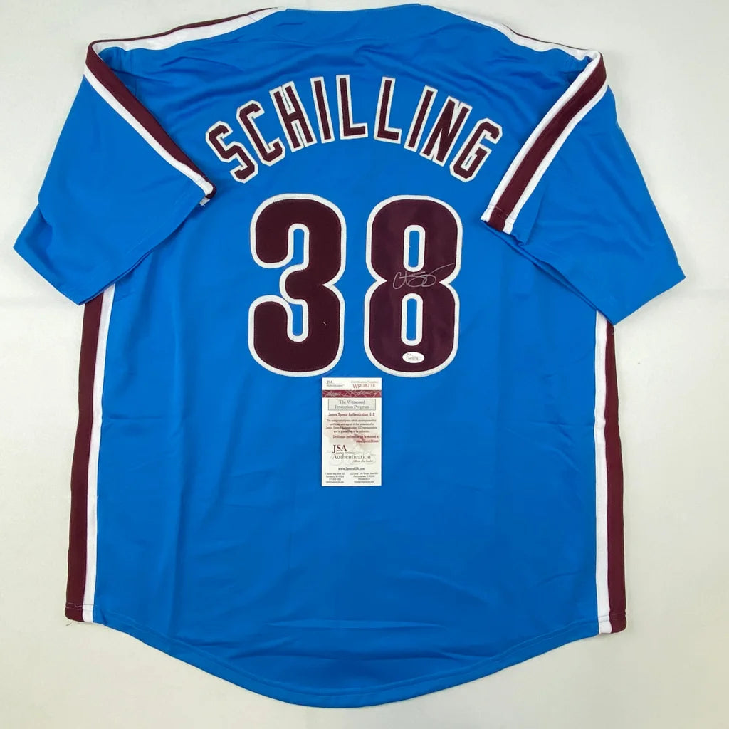 Autographed Curt Schilling Philadelphia Retro Blue Baseball Jersey JSA COA | Hall of Fame Sports Memorabilia | vintageantiquesgifts.com