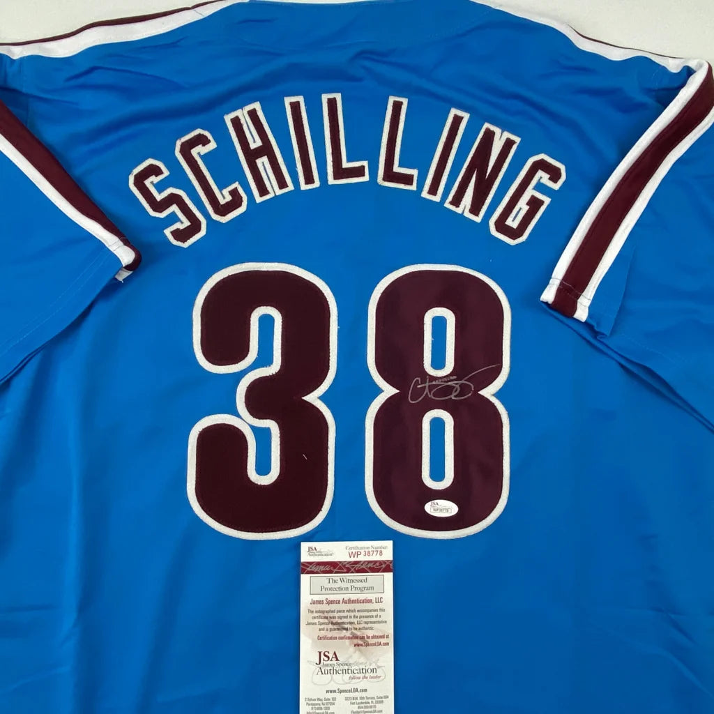 Autographed Curt Schilling Philadelphia Retro Blue Baseball Jersey JSA COA | Certified Authentic Signed Memorabilia | vintageantiquesgifts.com