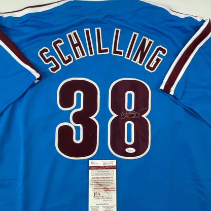 Autographed Curt Schilling Philadelphia Retro Blue Baseball Jersey JSA COA | Certified Authentic Signed Memorabilia | vintageantiquesgifts.com