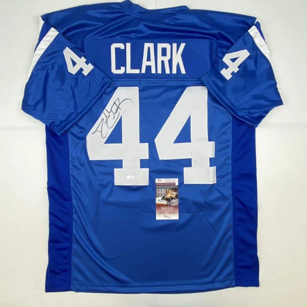 Autographed Dallas Clark Indianapolis blue custom jersey with number 44, name Clark, and signature, JSA COA, professional sports league