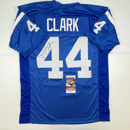 Autographed Dallas Clark Indianapolis blue custom jersey with number 44, name Clark, and signature, JSA COA, professional sports league