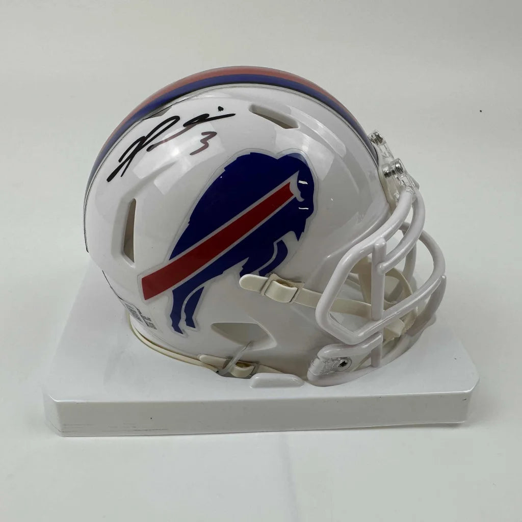 White Buffalo Bills mini helmet with blue buffalo logo and red stripe for autograph display