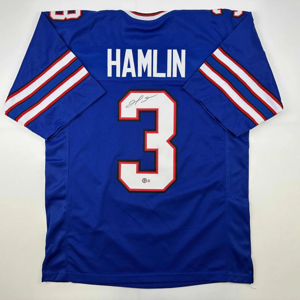 Blue Damar Hamlin custom jersey with 3, signed and Beckett BAS COA included