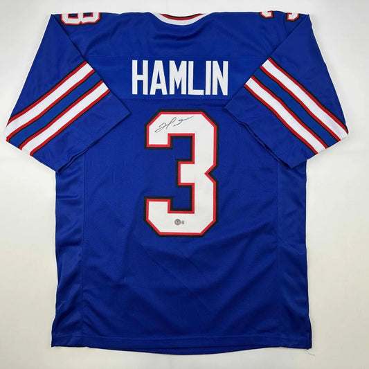 Blue Damar Hamlin custom jersey with 3, signed and Beckett BAS COA included