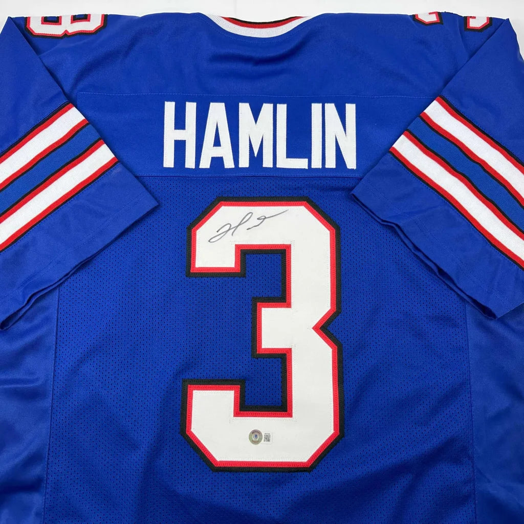 Autographed Damar Hamlin Buffalo Blue Football Jersey Beckett BAS COA | Certified Authentic Signed Memorabilia | vintageantiquesgifts.com
