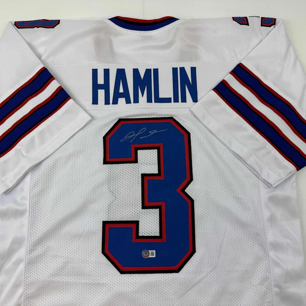 Autographed Damar Hamlin Buffalo White Football Jersey Beckett BAS COA | Certified Authentic Signed Memorabilia | vintageantiquesgifts.com