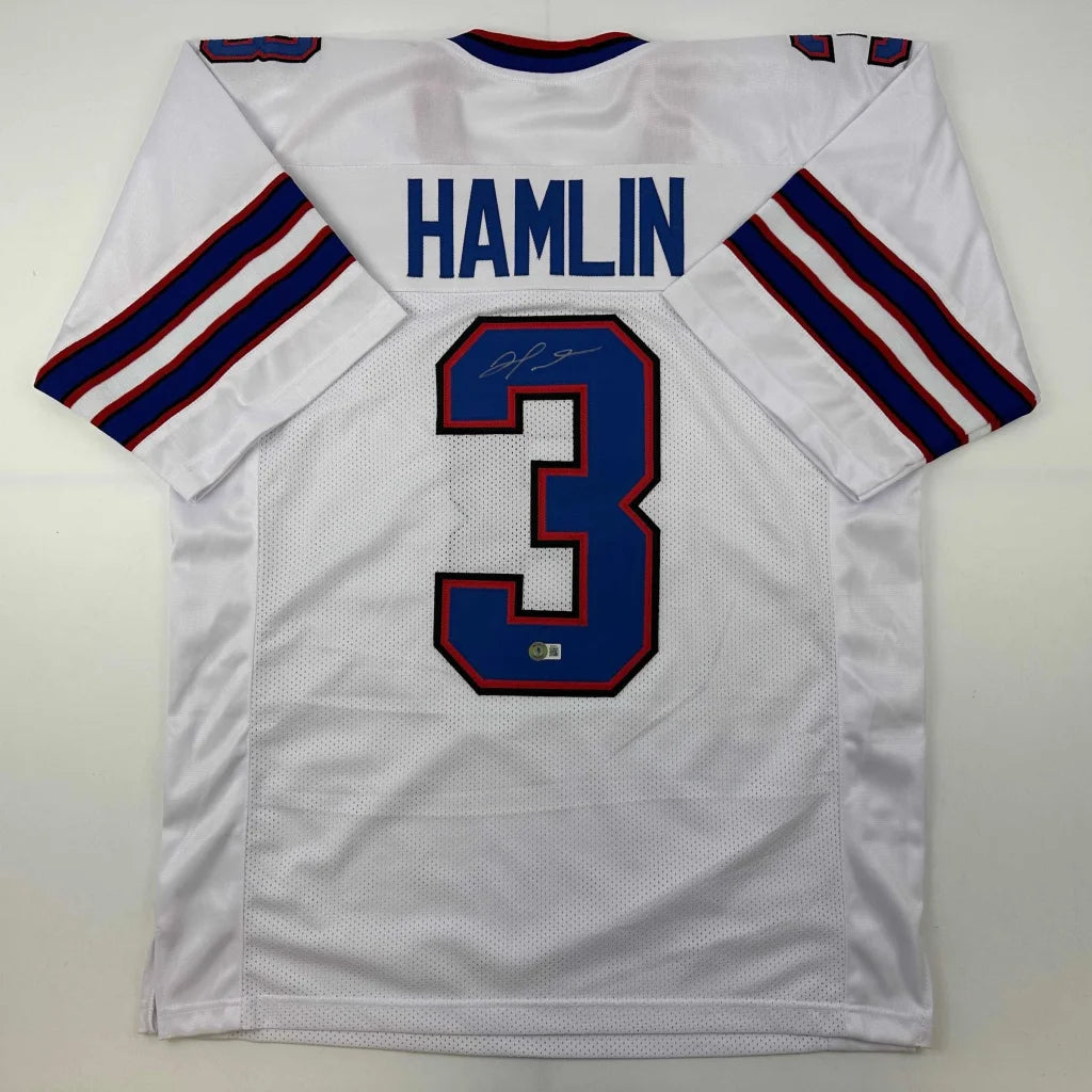 Autographed Damar Hamlin Buffalo White Football Jersey Beckett BAS COA | Hall of Fame Sports Memorabilia | vintageantiquesgifts.com
