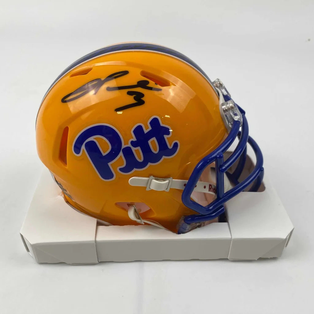 Autographed miniature Pitt Panthers gold and blue football helmet with Beckett cert