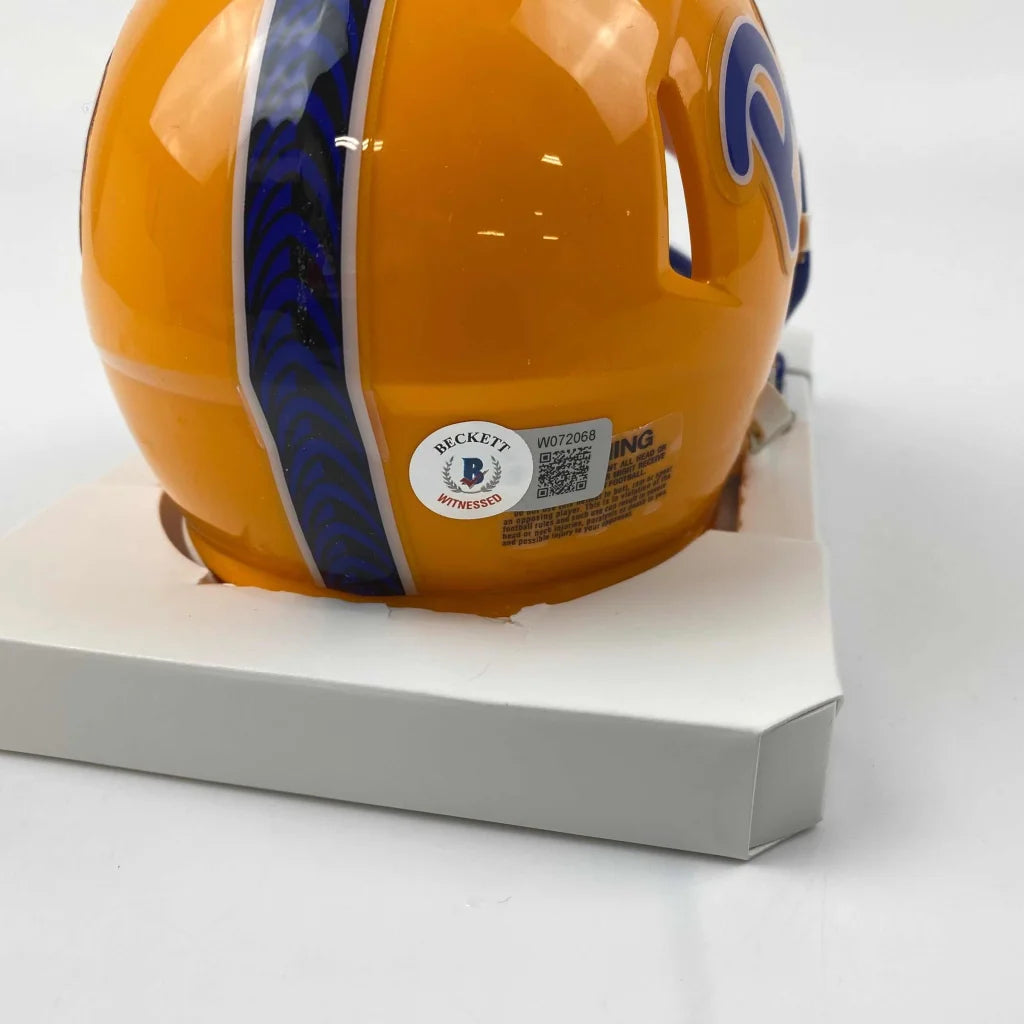 Autographed Damar Hamlin Pittsburgh Panthers mini helmet, vibrant orange with blue stripes
