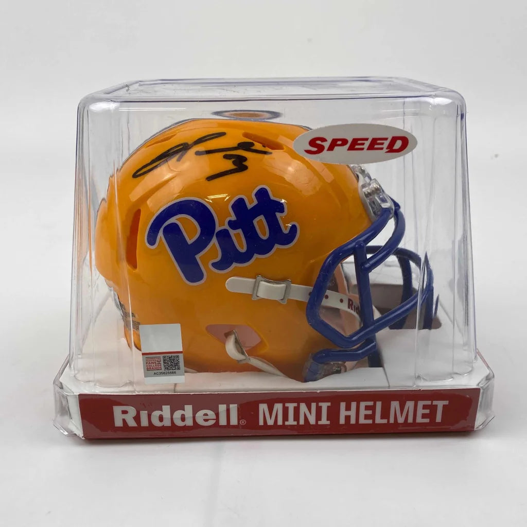 Autographed University of Pittsburgh Mini Football Helmet in clear display case for Signed Pitt Panthers Mini Helmet with Beckett Authentication