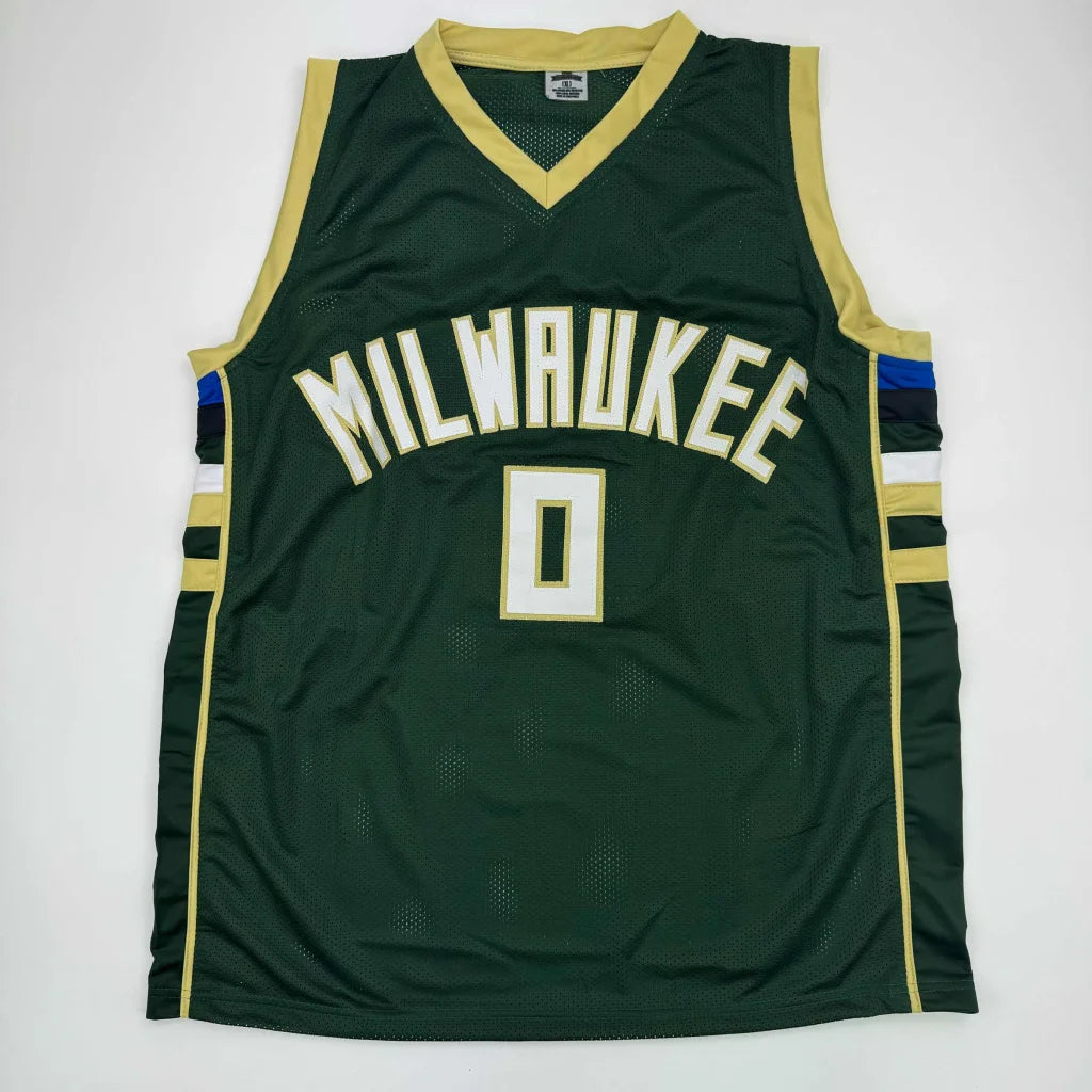 Green Milwaukee Bucks custom jersey with gold trim and number 0, perfect for pro sports fans