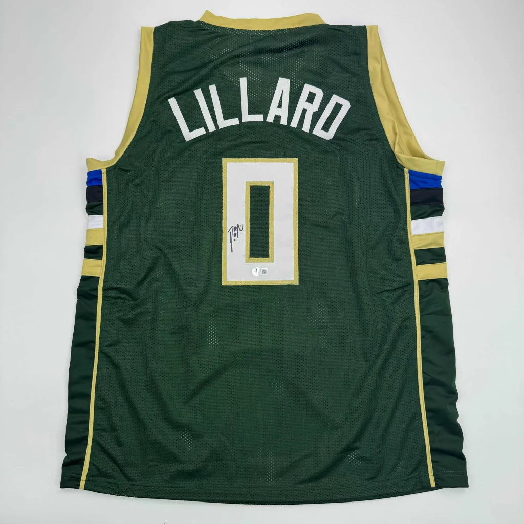 Green Damian Lillard custom jersey with autograph, authentication stickers, perfect for pro sports fans