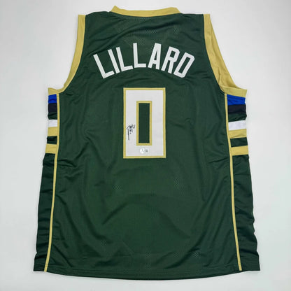 Green Damian Lillard custom jersey with autograph, authentication stickers, perfect for pro sports fans