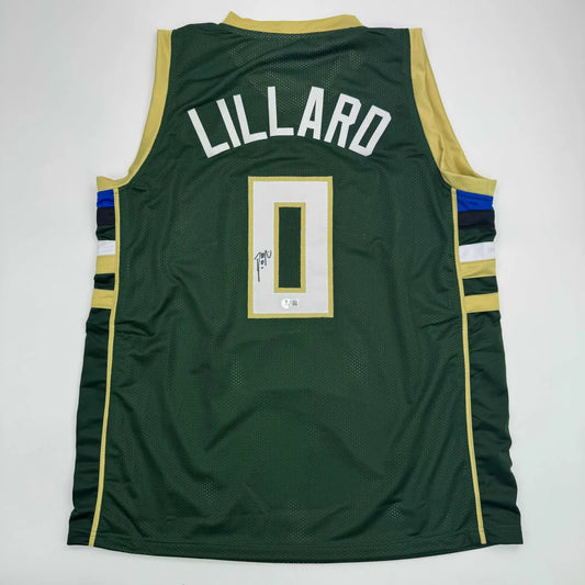 Green Damian Lillard custom jersey with autograph, authentication stickers, perfect for pro sports fans