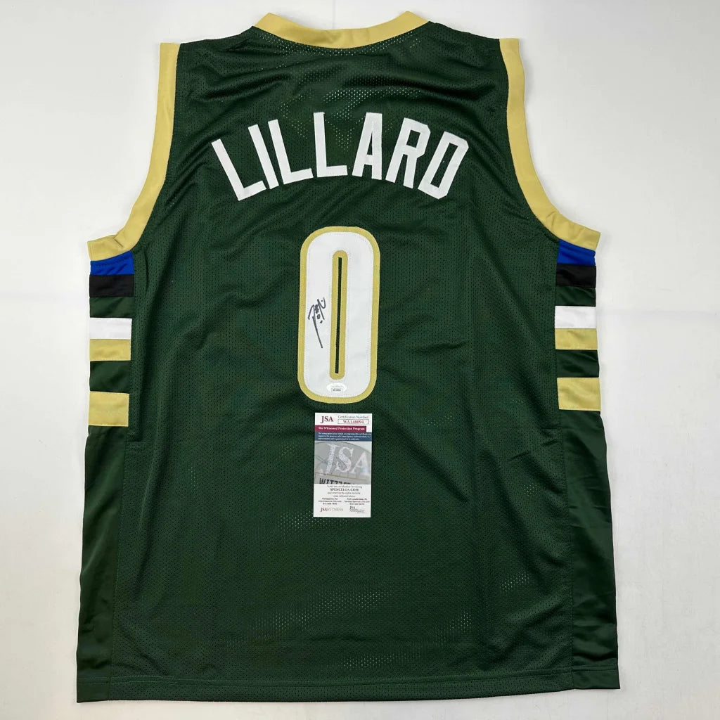 Damian Lillard Milwaukee green signed jersey with JSA COA and gold white trim