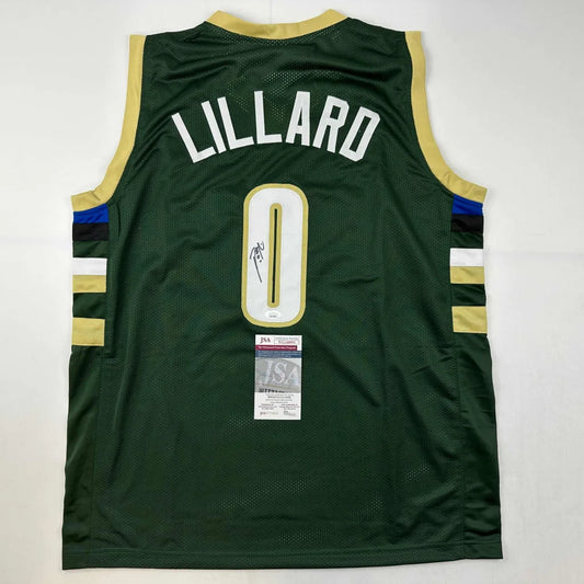 Damian Lillard Milwaukee green signed jersey with JSA COA and gold white trim