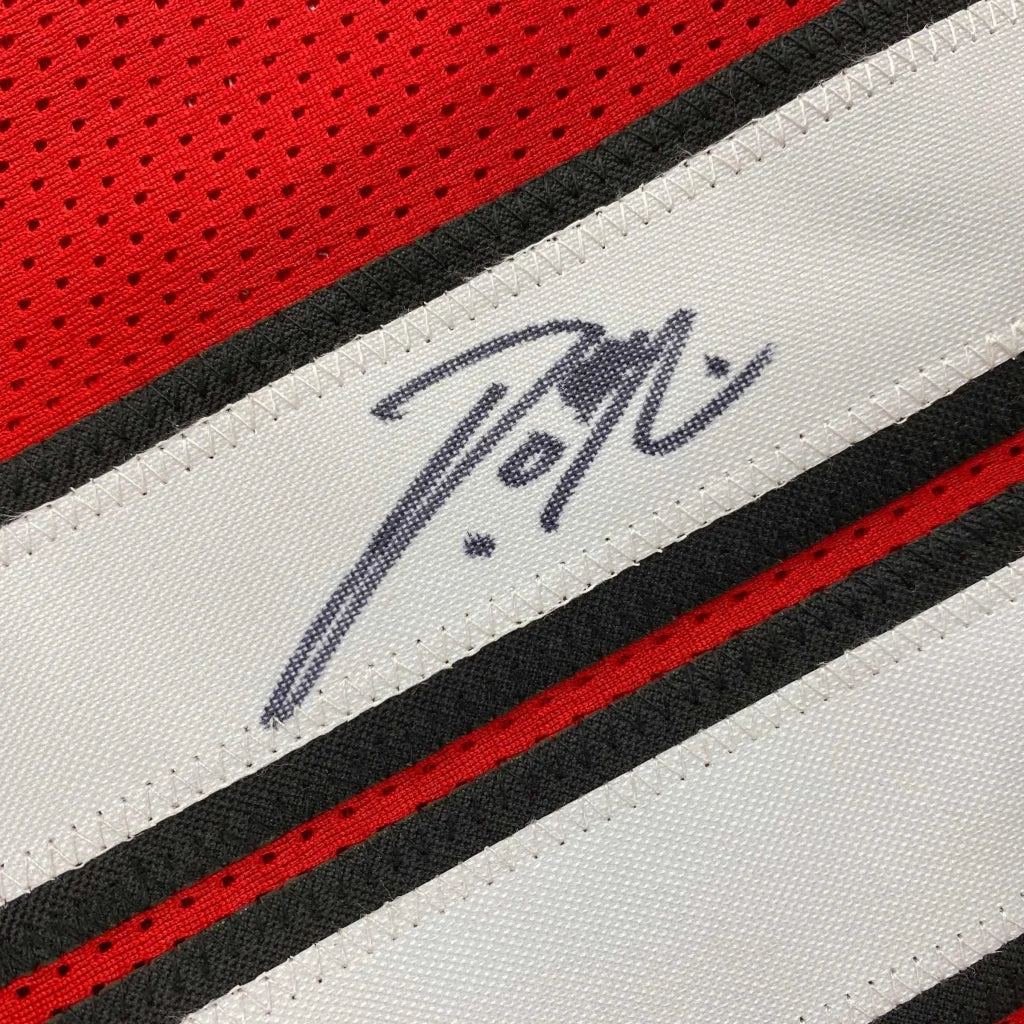 Red and white striped Damian Lillard Portland jersey with black autograph, third party authenticated