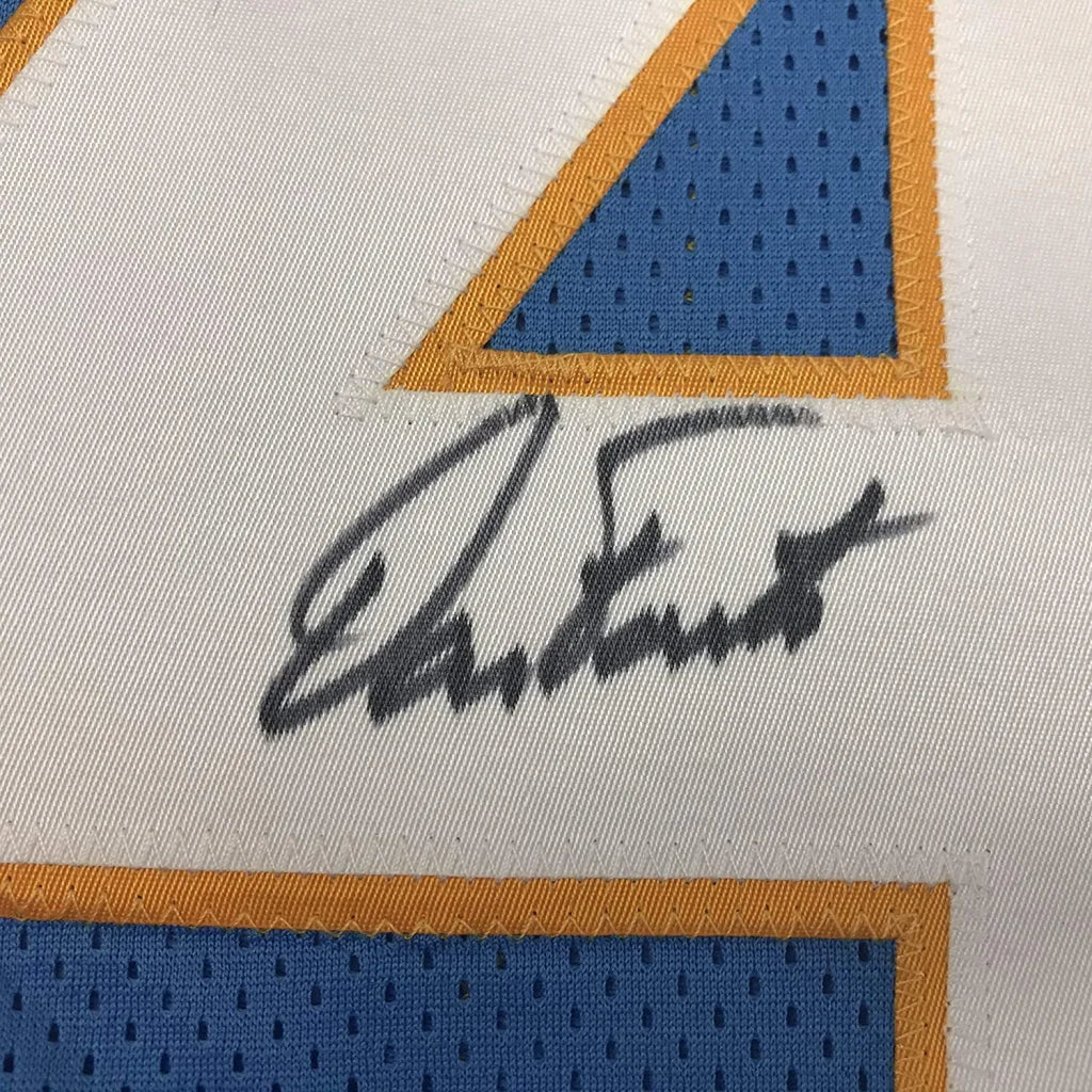 Black ink autograph on a white mesh san diego blue custom jersey with blue and gold accents for professional sports league