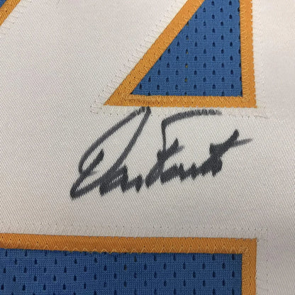 Black ink autograph on a white mesh san diego blue custom jersey with blue and gold accents for professional sports league