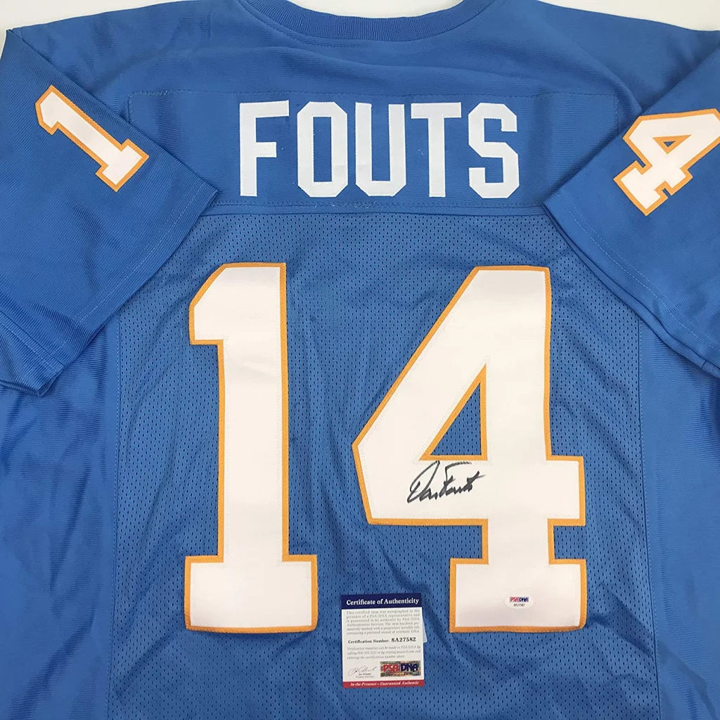 Back of a blue custom football jersey with white and gold lettering showing fouts 14 from professional sports league