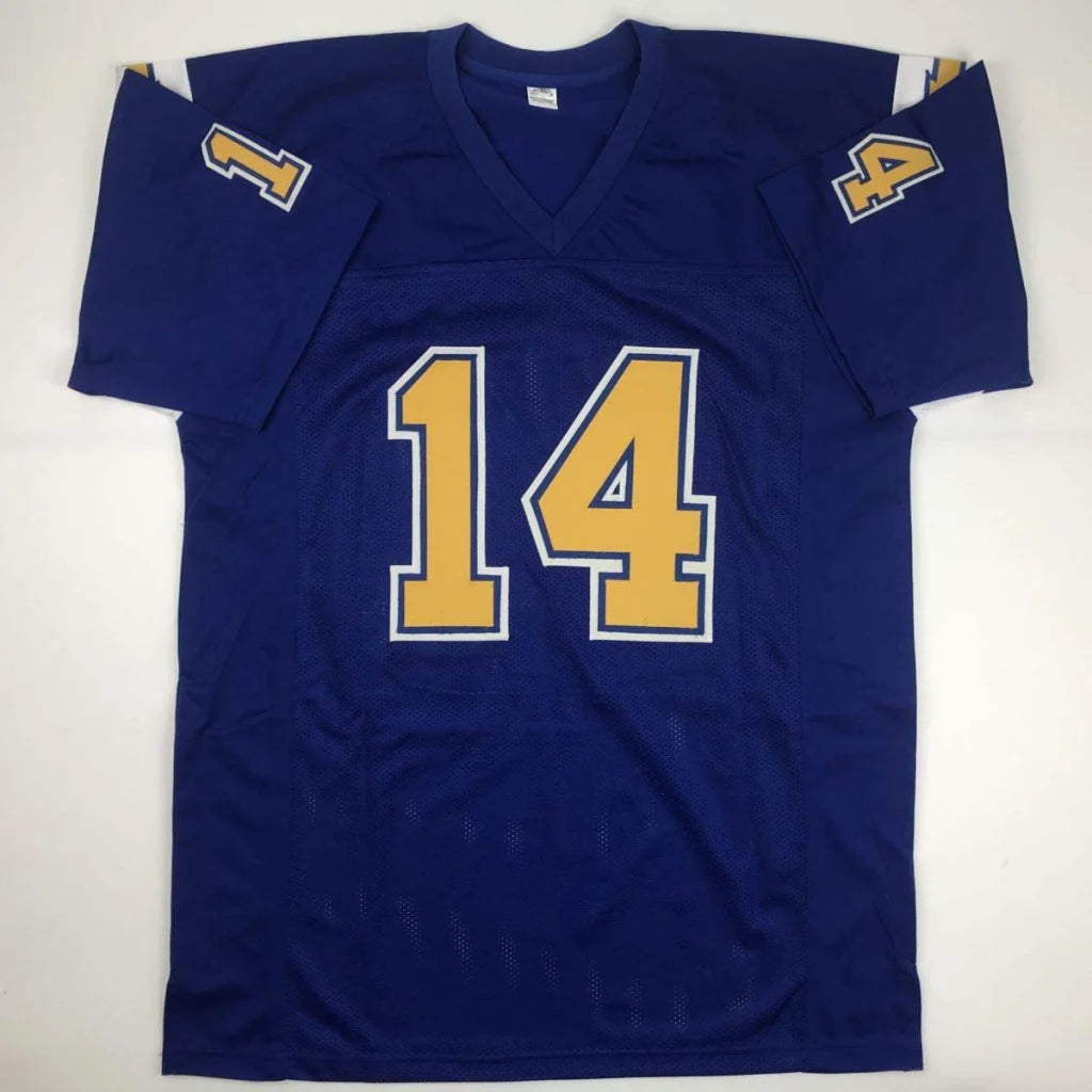Navy blue autographed Dan Fouts custom jersey with gold white numerals v-neck for professional sports league fans
