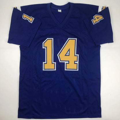 Navy blue autographed Dan Fouts custom jersey with gold white numerals v-neck for professional sports league fans