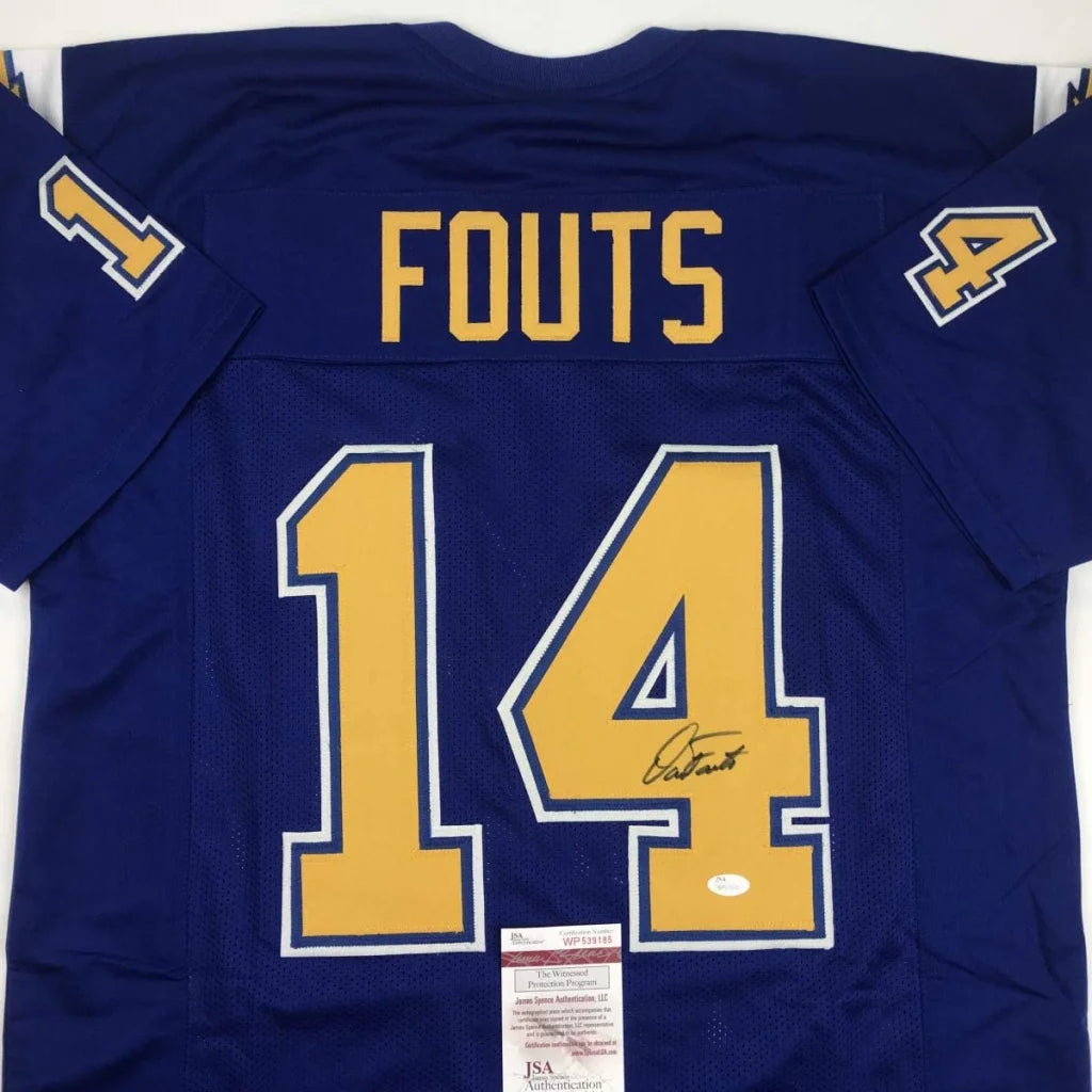Back of navy blue custom jersey with gold and white lettering featuring fouts 14 from professional sports league