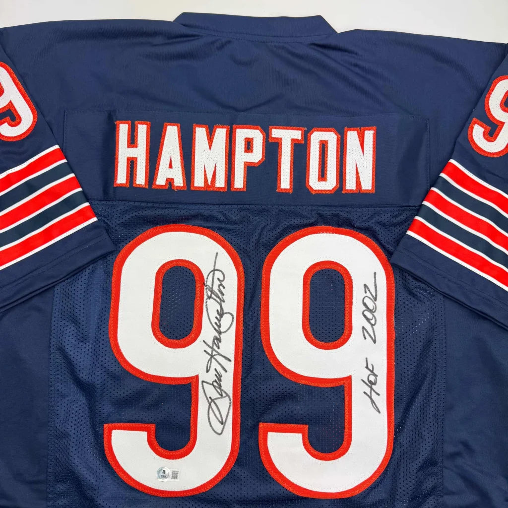 Autographed Dan Hampton HOF 2002 Chicago Blue Football Jersey Beckett BAS COA | Certified Authentic Signed Memorabilia | vintageantiquesgifts.com