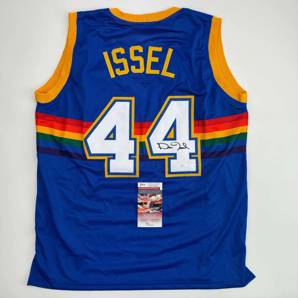 Autographed Dan Issel custom blue retro rainbow basketball jersey with number 44