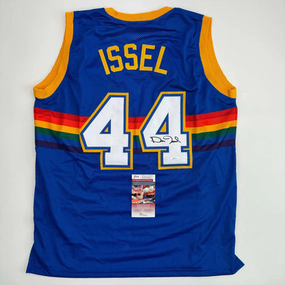 Autographed Dan Issel custom blue retro rainbow basketball jersey with number 44