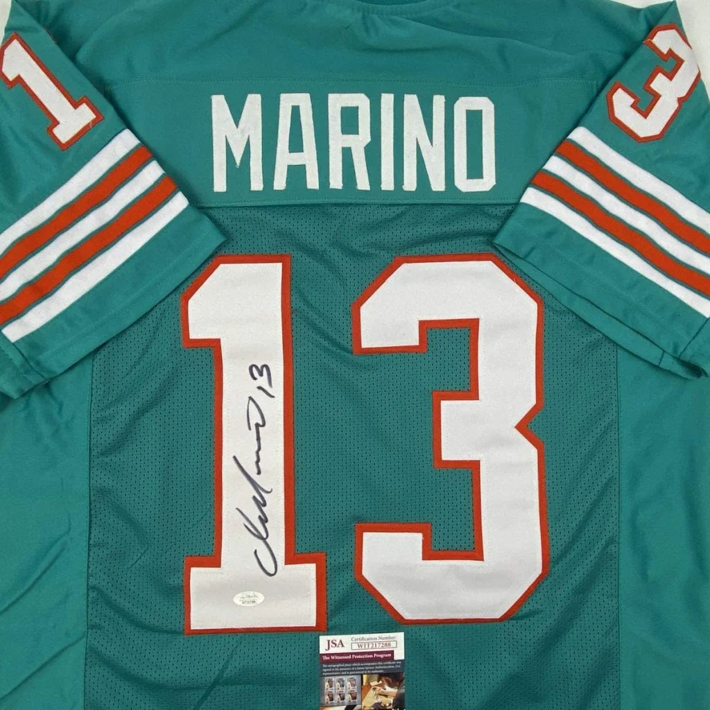 Teal Miami Dolphins custom jersey with Marino 13 autographed by Dan Marino for professional sports fans