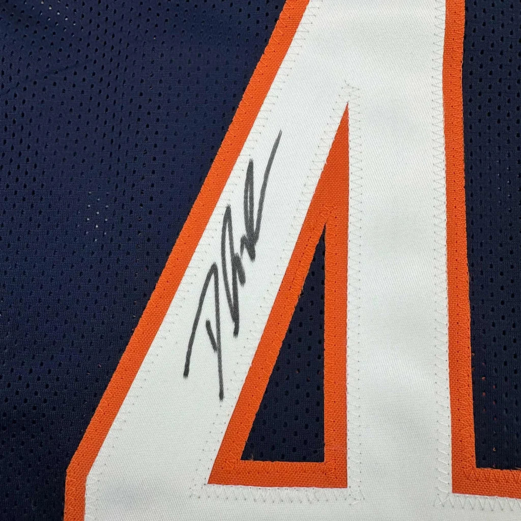 Dark blue custom jersey with white orange number 4 and autograph for professional sports league