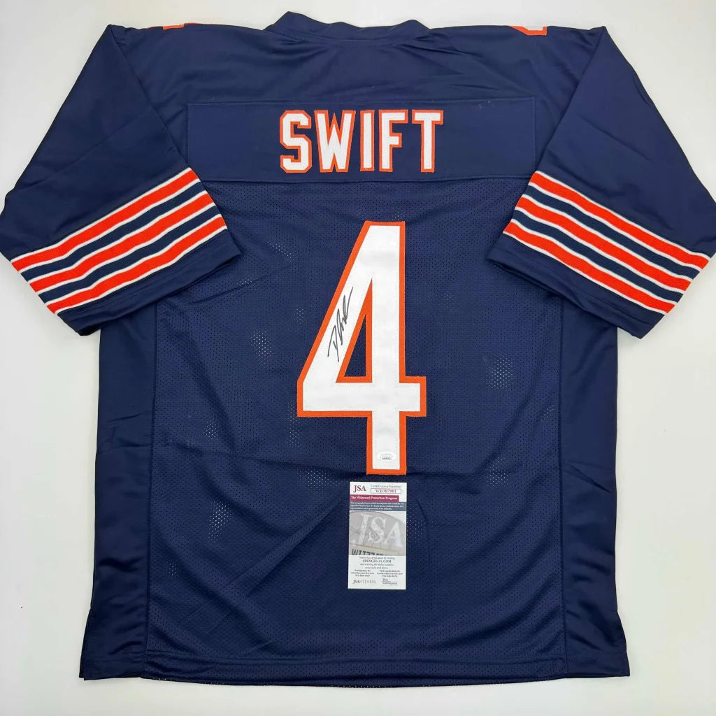 Navy blue SWIFT 4 custom football jersey with autograph, perfect for professional sports fans