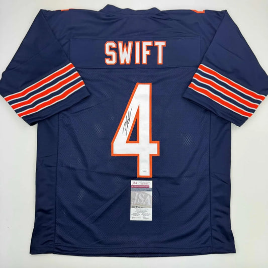 Navy blue SWIFT 4 custom football jersey with autograph, perfect for professional sports fans
