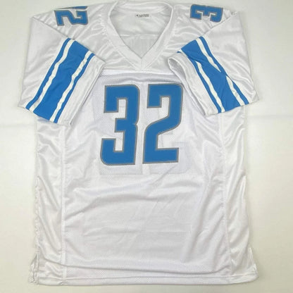 Autographed dAndre Swift Detroit white custom jersey with blue 32, mesh body, satin shoulders from professional sports league