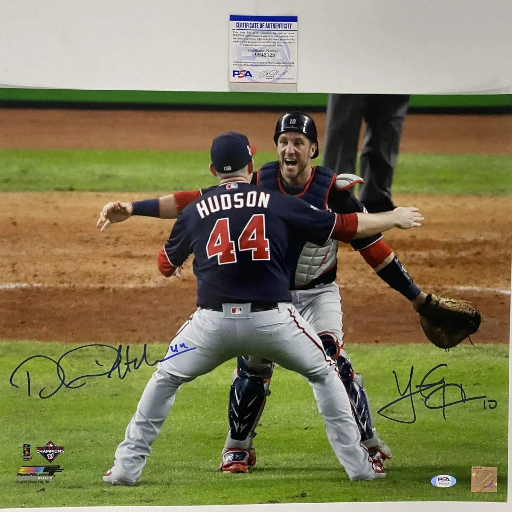 Autographed Daniel Hudson & Yan Gomes Dual 2019 World Series Washington Nationals Final Out 16x20 Baseball Photo PSA/DNA COA | Hall of Fame Sports Memorabilia | vintageantiquesgifts.com