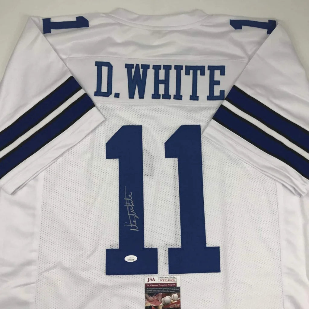 Autographed Danny White custom Dallas Cowboys white jersey back, number 11, JSA COA