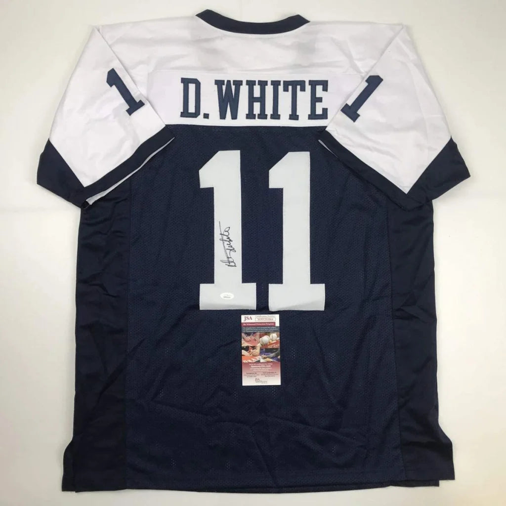 Autographed Danny White Dallas Cowboys custom jersey in navy blue and white, JSA COA