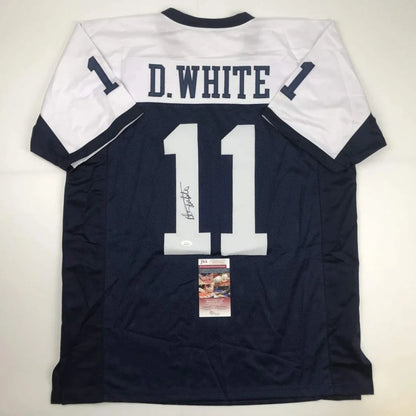 Autographed Danny White Dallas Cowboys custom jersey in navy blue and white, JSA COA