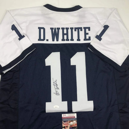 Autographed Danny White Dallas Cowboys custom jersey in navy blue and white with D logo, JSA certified