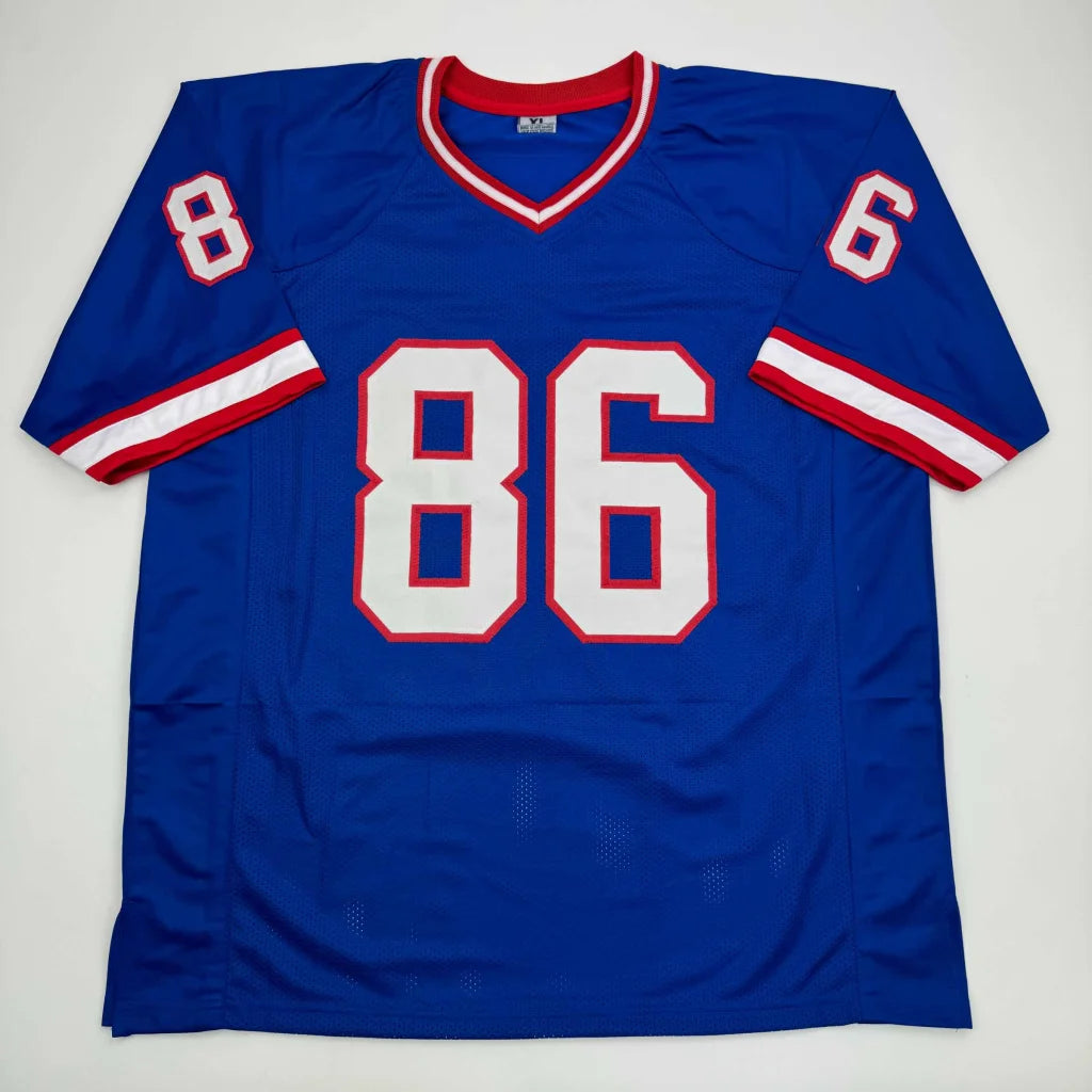 Blue custom jersey with white and red trim and number 86 for professional sports league