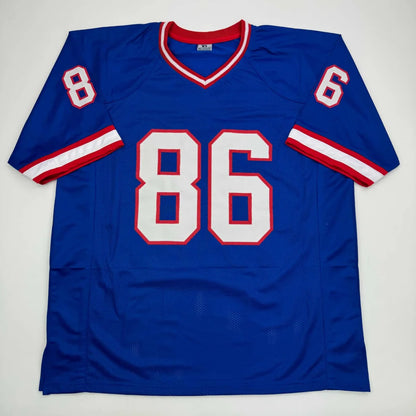 Blue custom jersey with white and red trim and number 86 for professional sports league