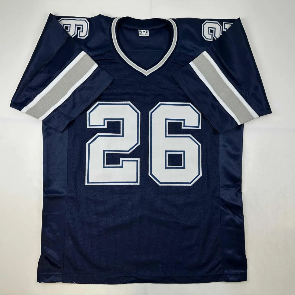 Navy blue custom jersey with white grey stripes and number 26, pro sports league style
