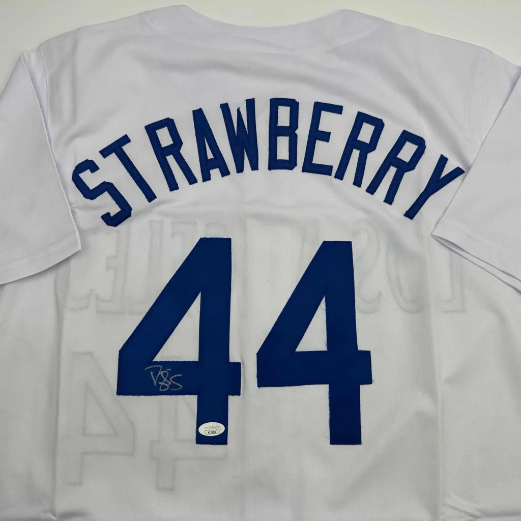 Autographed/Signed Darryl Strawberry Los Angeles LA White Baseball Jersey JSA COA